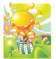 幻想儿童插画－坐在太阳热气球上的孩子