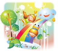幻想儿童插画－六一儿童节从彩虹滑梯滑下来的男孩和女孩