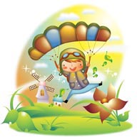 幻想儿童插画－穿着降落伞降落的男孩