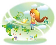 幻想儿童插画－坐在叶子上的女孩和小鸟