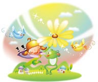 幻想儿童插画－拿着花朵和青蛙小鸟玩耍的女孩