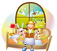 幻想儿童插画－坐在床上和兔子松鼠看书的女孩