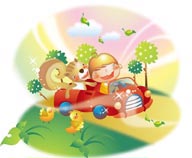 幻想儿童插画－和松鼠开着小汽车的男孩