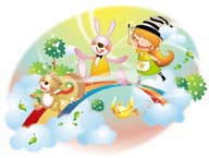 幻想儿童插画－彩虹上玩耍的小动物和女孩