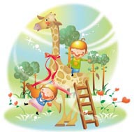 幻想儿童插画－和长颈鹿玩耍的孩子们