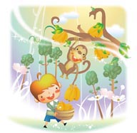 幻想儿童插画－帮男孩采摘香蕉的小猴子