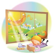 幻想儿童插画－窗户旁趴着看书的女孩