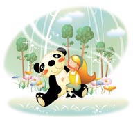 幻想儿童插画－和熊猫玩耍的女孩