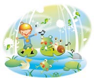 幻想儿童插画－和青蛙蜗牛站在池塘浮萍上的男孩