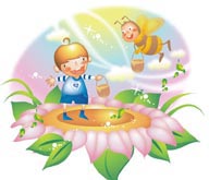 幻想儿童插画－在花朵上帮蜜蜂采蜜的男孩