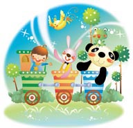 幻想儿童插画－坐在玩具火车上的小男孩和小动物