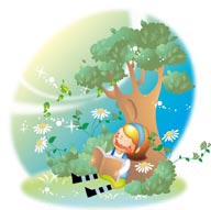幻想儿童插画－靠在大树下看书的女孩