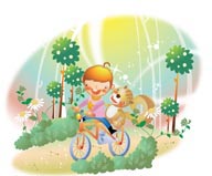 幻想儿童插画－骑着单车载着松鼠的女孩