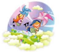 幻想儿童插画－拿着纸风车飞翔的男孩和女孩