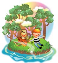 幻想儿童插画－小岛上弹吉他的猴子和男孩