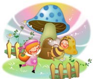 幻想儿童插画－蘑菇房子外追着蜜蜂的小女孩