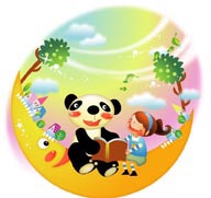 幻想儿童插画－坐在月牙上和熊猫一起读书的女孩