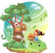 幻想儿童插画－给兔子先生送水果的女孩