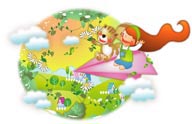 幻想儿童插画－坐纸飞机飞翔的松鼠和女孩