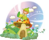 幻想儿童插画－坐在蘑菇上吹奏乐器的小精灵