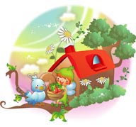 幻想儿童插画－鸟窝外端着草莓的精灵和小鸟