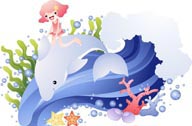 美好童年插画－骑着海豚的女孩