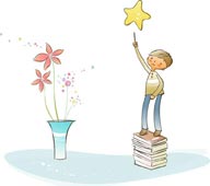 简笔儿童插画-踩着书堆采摘星星的男孩