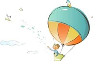 简笔儿童插画-坐着氢气球的男孩