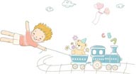 简笔儿童插画-扯着火车飞翔的男孩