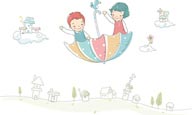 简笔儿童插画-坐在雨伞里飞翔的男孩和女孩