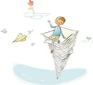 简笔儿童插画-坐在摩天纸堆上丢纸飞机的男孩