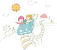 简笔儿童插画-开火车的快乐男孩和女孩