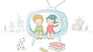 简笔儿童插画-坐在电视机上的男孩和女孩