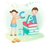 简笔儿童插画-拿着英文字母的男孩和女孩