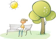 简笔儿童插画-坐在公园长椅上看书的女孩