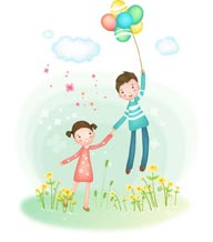 简笔儿童插画-手牵手扯着气球飞向的男孩女孩