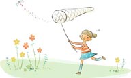 简笔儿童插画-草地上奔跑捕捉蜻蜓的女孩