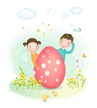 简笔儿童插画-躲在彩色鸡蛋背后的男孩和女孩