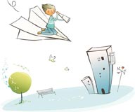 简笔儿童插画-坐在纸飞机上拿着望远镜的男孩