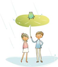 简笔儿童插画－为女孩撑起浮萍雨伞的男孩