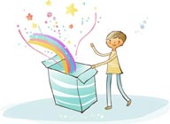 简笔儿童插画－打开彩虹盒子的男孩