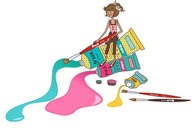 少女生活插画-坐在颜料上拿着画笔的女孩