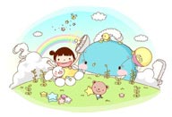 童年幻想插画-草地上和小兔子玩耍的女孩