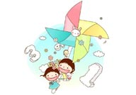 童年幻想插画-抱着风筝玩具飞翔的男孩和女孩