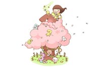 童年幻想插画-站在粉色树顶上的女孩