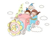 童年幻想插画-坐在火车上的魔法老头和小孩