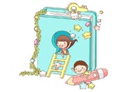 童年幻想插画-在书本铅笔旁玩耍的男孩和女孩