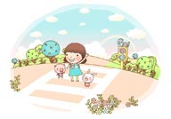 童年幻想插画-和小猪兔子过马路的女孩