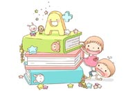 童年幻想插画-踩着男孩后背爬上巨型书堆的女孩