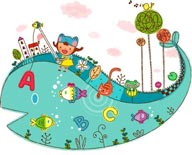 童年幻想插画-坐在彩绘鲸鱼背上钓鱼的女孩